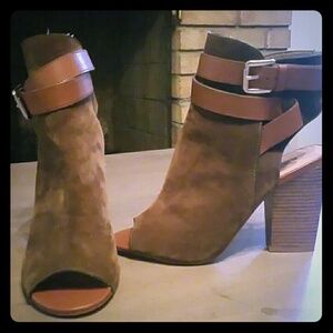 JustFab Tan Suede Peep-Toe Ankle Boots with Buckle Straps